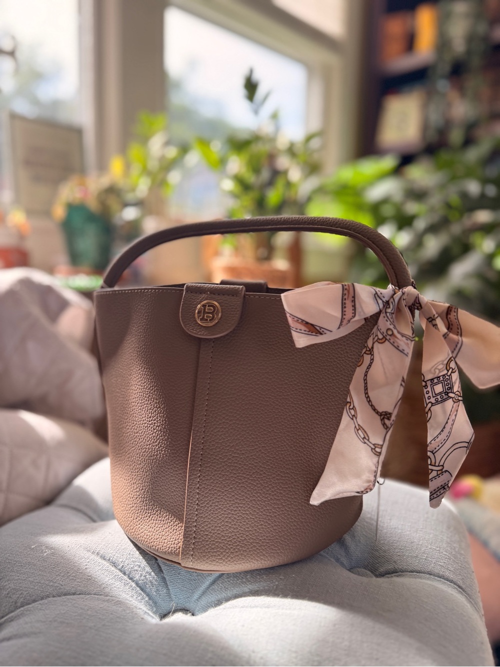 Taupe Faux-Leather Tote with Scarf Accent - Women Bags Totes
